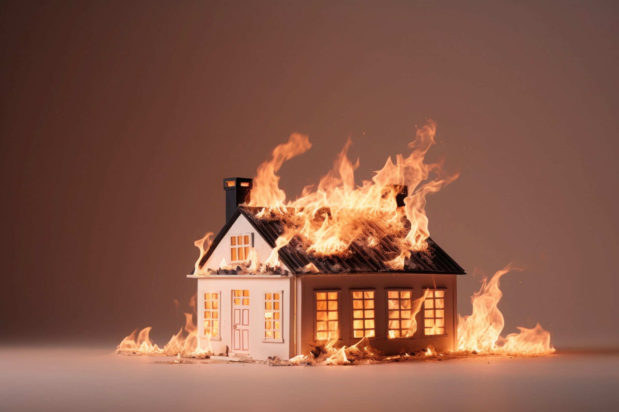 Toy house in fire. Burning residential building. Insurance concept
